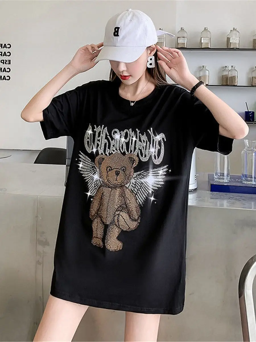 Śliczne Ulzzang cekiny Tshirt Streetwear lato luźne góra Hip Hop ubrania z nadrukami kobiety główna ulica nadruk niedźwiedzia t-shirty dziewczyna