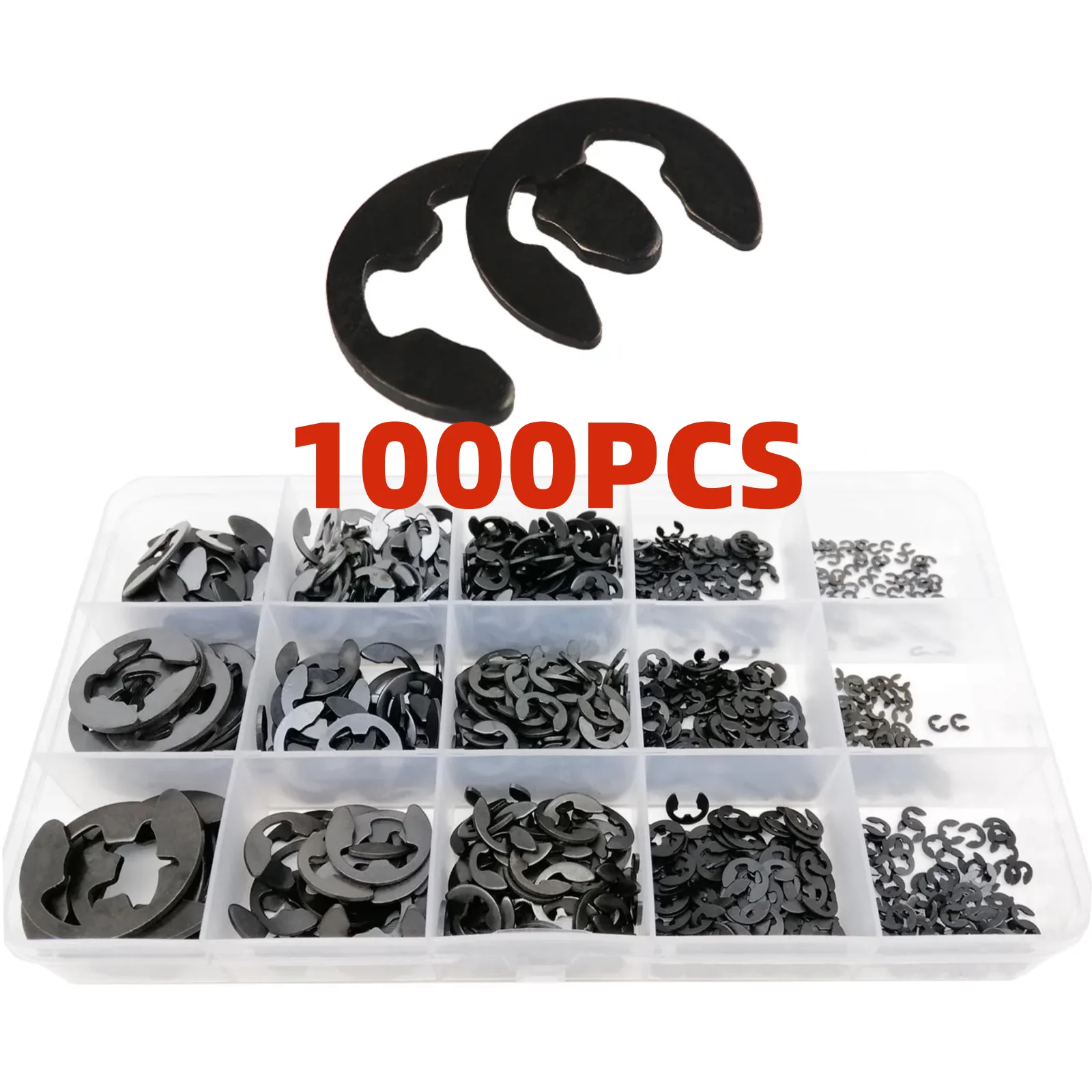 580/1000pcs Black Carbon Steel Circlip Kit M1.2 to M15 E-Clip Snap Ring Assortment for Shaft Axle Fastening