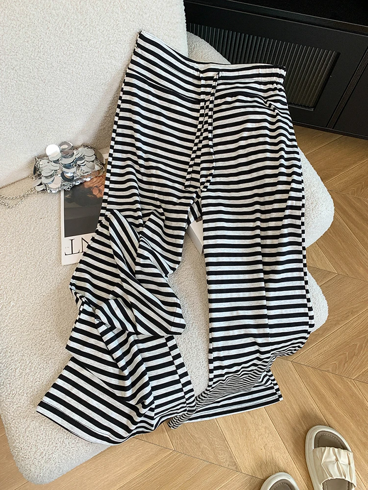 Vintage Casual Pants Women Summer Loose High Waist Striped Wide Leg Trouser Female Patchwork Lace Up All Match Straight Pants