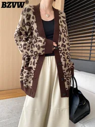 BZVW fashion leopard print temperament knitted cardigan women's 2024 autumn new v-neck single breasted loose sweaters 25A8979