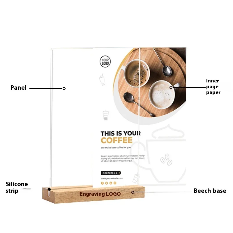 Acrylic Decca Transparent Display A4 Solid Wood Base Vertical Table Advertising Price Table Beech Table Sign Photo Card Holder