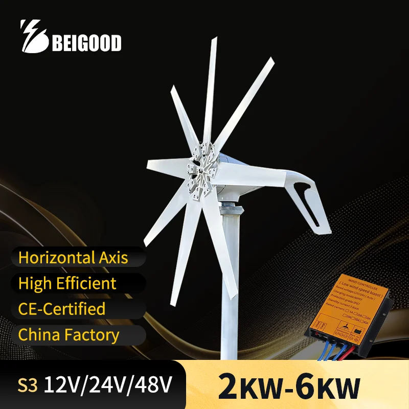 Horizontal Axis Wind Turbine Generator Homeuse Free Energy Efficiency  6KW New Energy Windmill 12V24V48V Electricity Generation