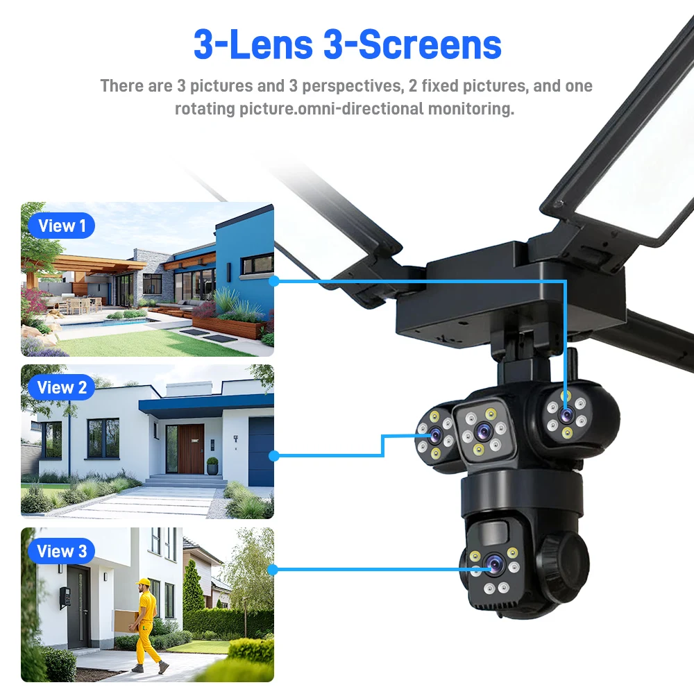 كاميرا شمسية 4G/LTE 3 عدسات 3 شاشات، تتبع تلقائي بدقة 6 ميجابكسل 360 درجة ° PTZ، لا حاجة إلى WiFi، بطارية مدمجة، صفارة الإنذار، CCTV الخارجية V380 Pro #2