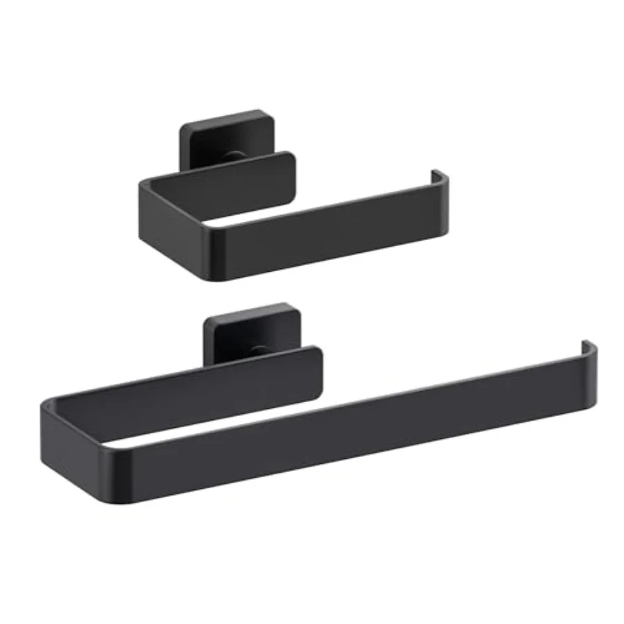 

Bathroom hardware set for towel bar and toilet paper holder, solid brass, matte black, rust-resistant with modern square design