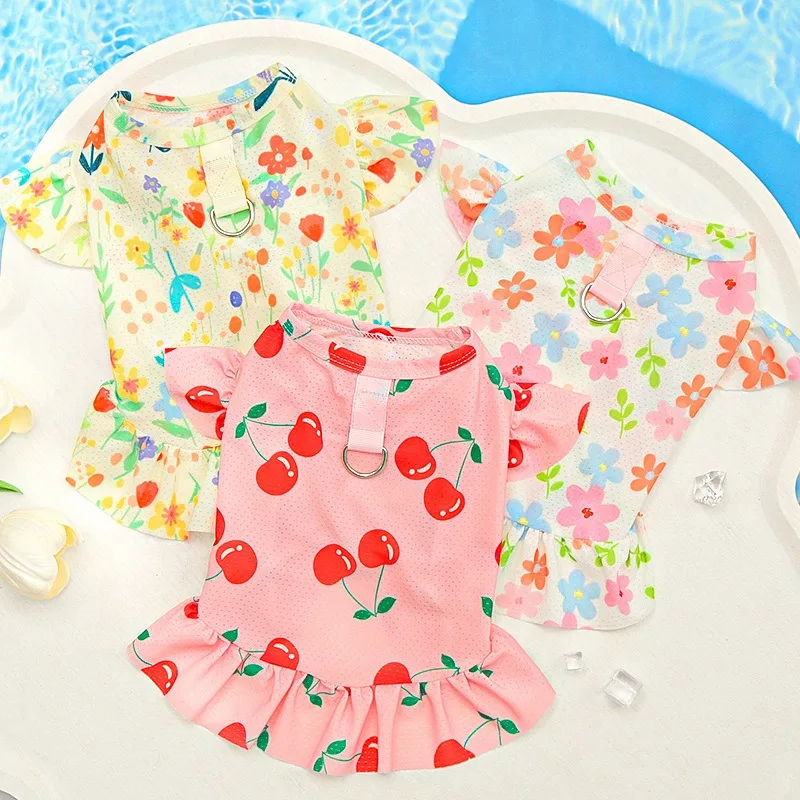 

Maltese Ice Silk Dress Spring Summer Dog Clothes Teddy Floral Fresh Skirt Puppy Breathable Pullover with Traction Buckle