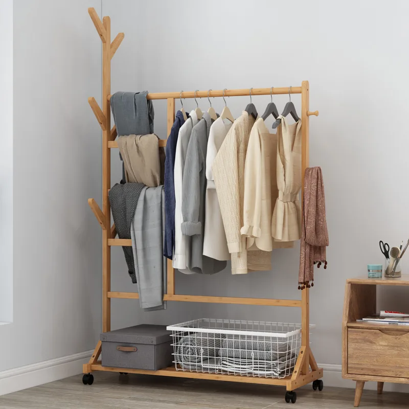 Bamboo Material Coat Rack Floor Simple Modern Hanger Home Solid Wood Hanger Rack Bedroom Clothes Rack Mobile Rack