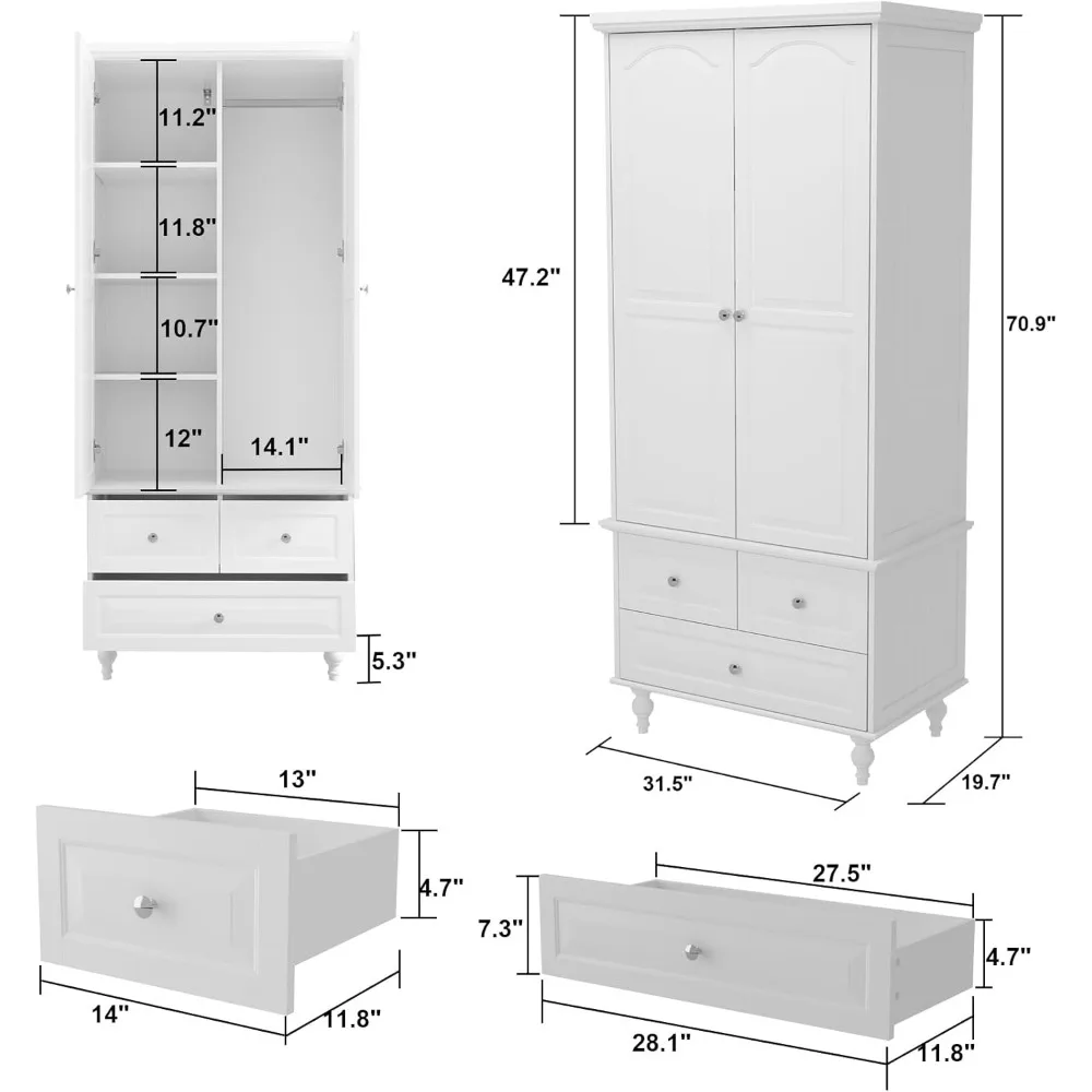 خزانة ملابس ببابين مع قضيب تعليق وأدراج ورفوف، وخزانة تخزين خشبية حديثة قائمة بذاتها مع خطوط منحوتة