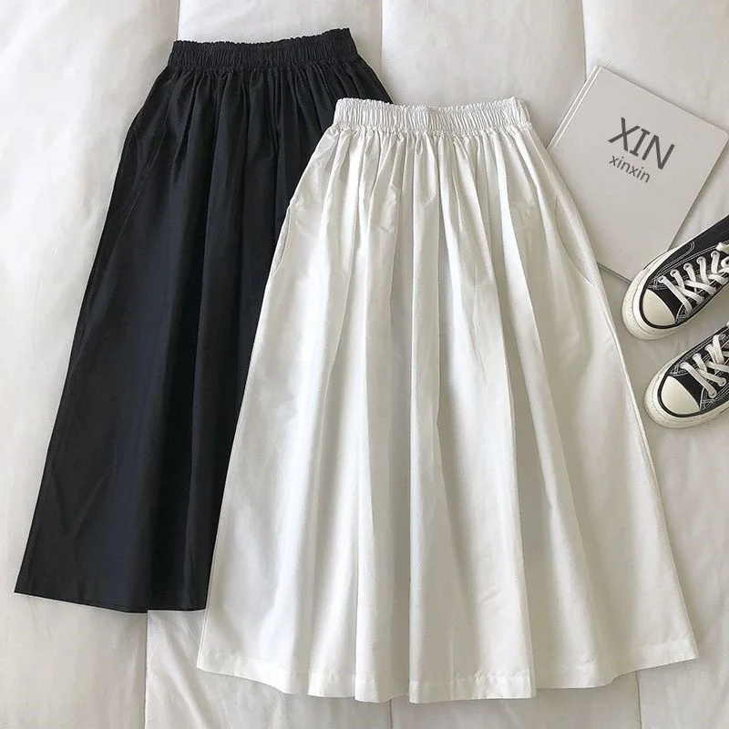 Women White Long Skirt Fashion Pockets Pleated Knee Length Skirts Autumn 2024 New Casual Elegant High Waist A Line Femme Skirts