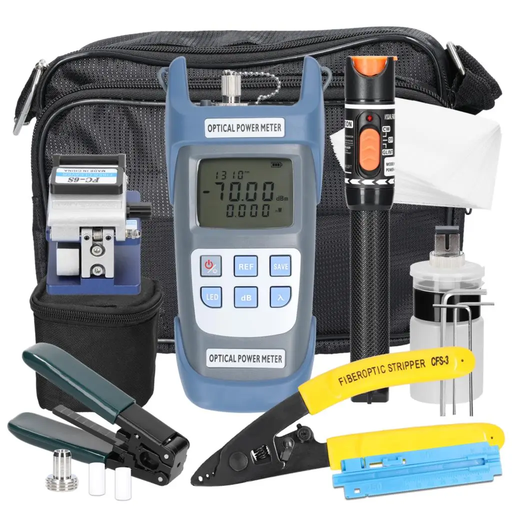 F50 19pcs/set FTTH Fiber Optic Tool Kit with Fiber Cleaver -70~+10dBm Optical Power Meter Visual Fault Locator 10mw