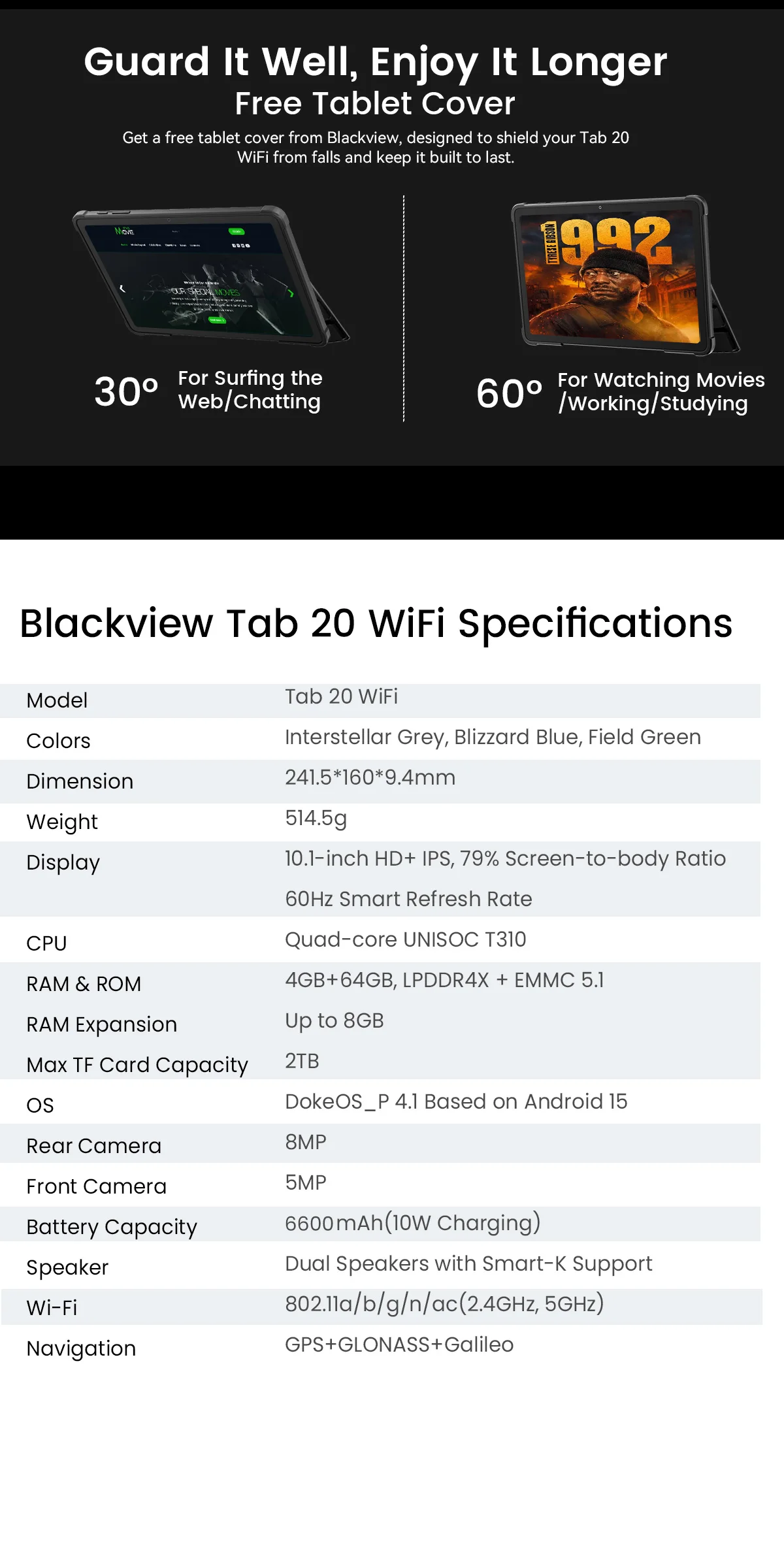 Blackview Tab 20 WIFI Tablets 10.1'' HD+ IPS Display Widevine L1 4GB 64GB Unisoc T310 Android 15 6600mAh 8MP Tablet Pad PC