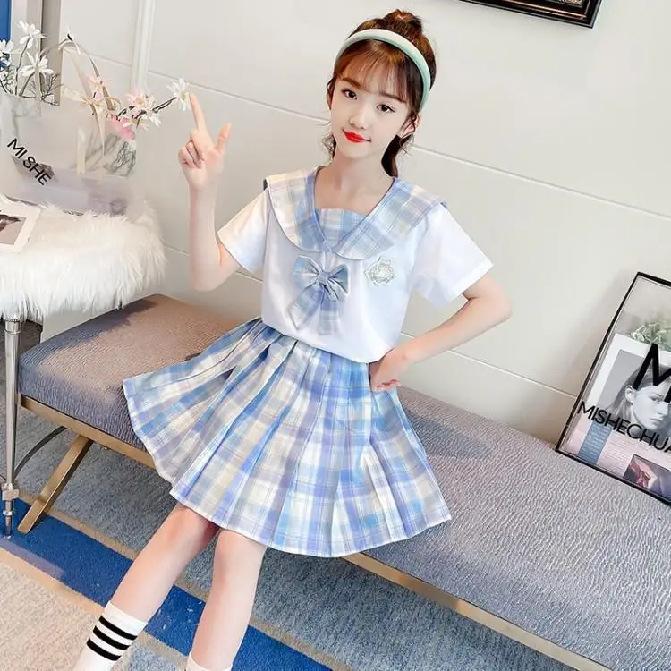 2023 new teens Summer Fashion Child Primary School Girl JK Uniform Bow sailor Collar Blouse Shirt + Plaid Pleated Skirt 2pc/Set