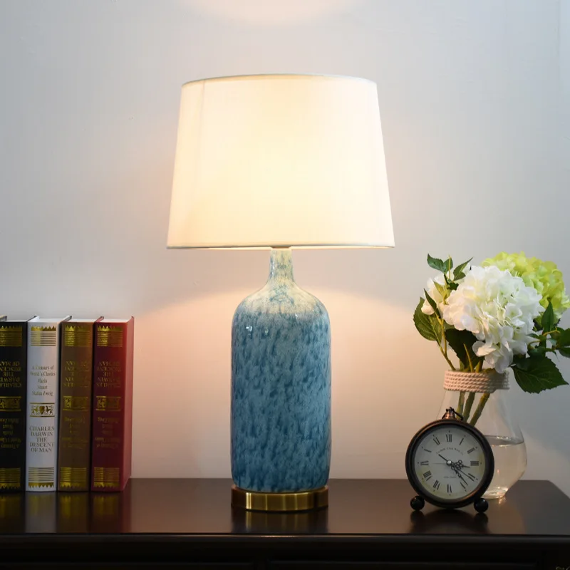 Modern American style study, living room, bedroom, ceramic table lamp, fashionable and simple LED light source, fabric lampshade