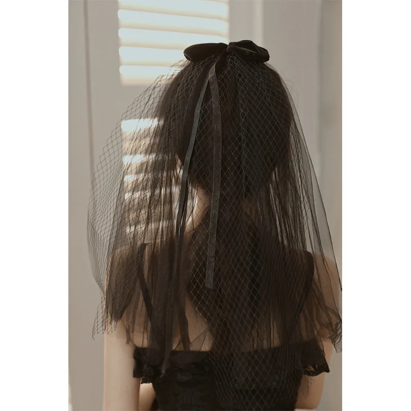 Velos cortos negros, accesorios para el cabello, lazo corto de boda para novia 2023