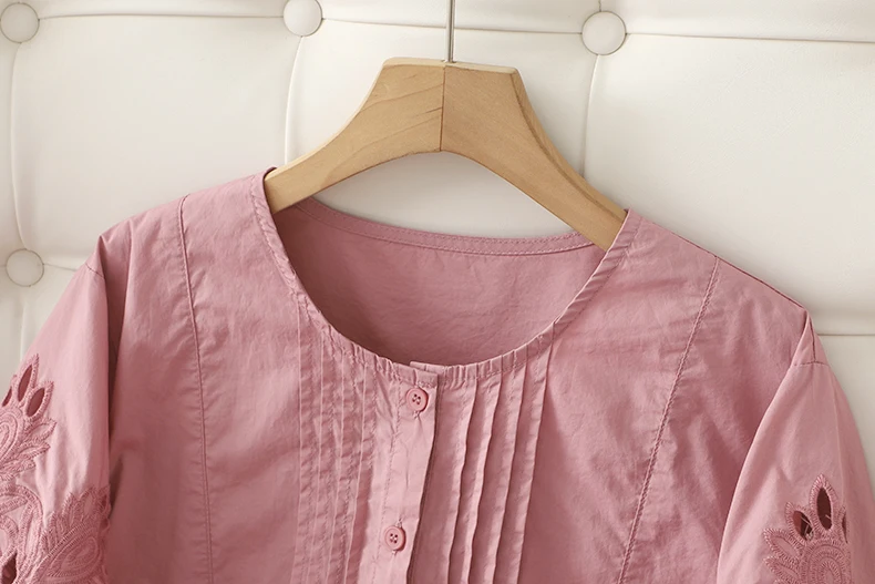 Women Summer Hollow Out Lantern Sleeve O-Neck Single Breasted Casual Loose Cotton Shirt Blouse Tops