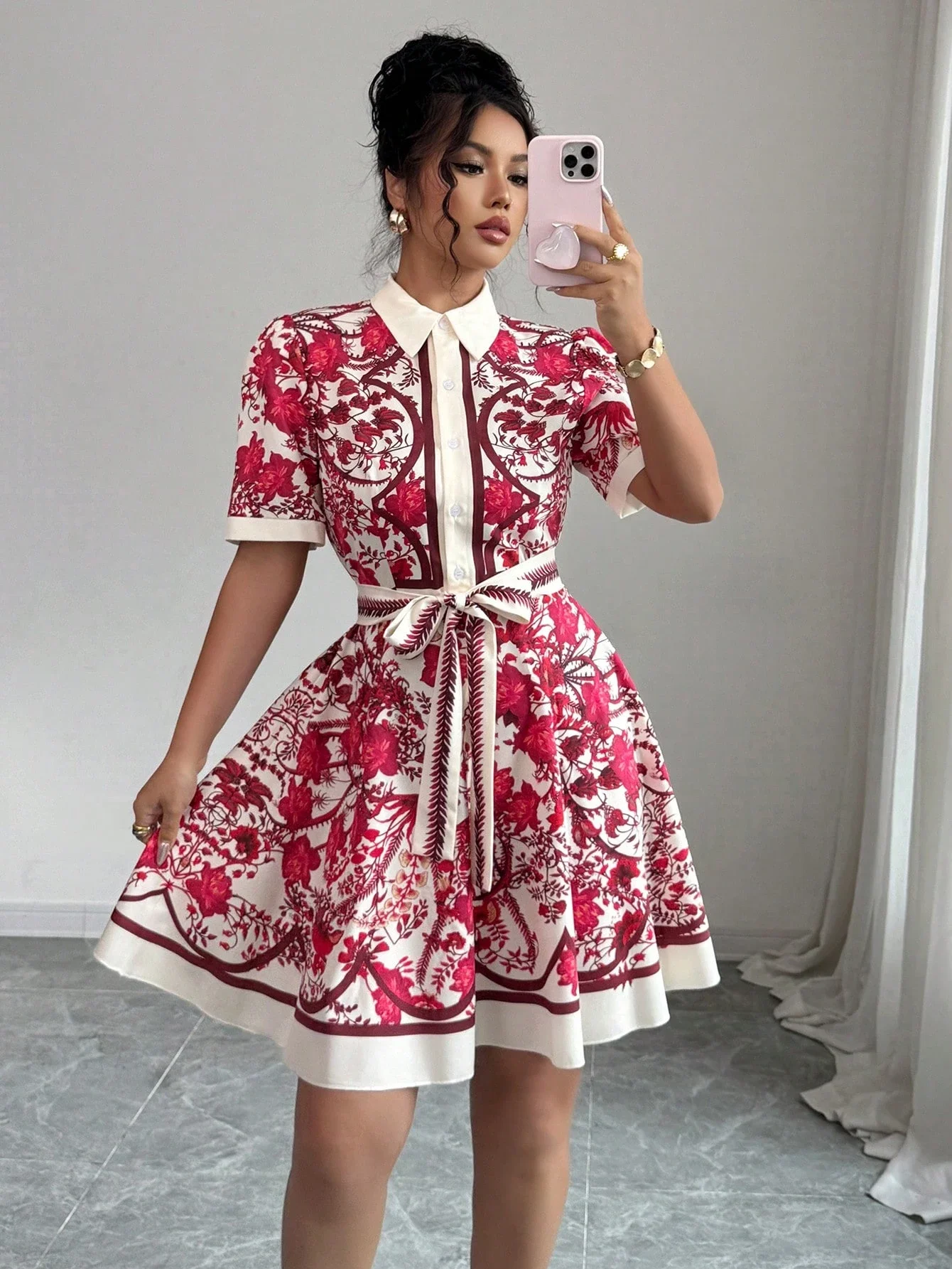 

Floral Print Tie Waist Short Sleeve Shirt Collar A-Line Women Dress Spring Summer
