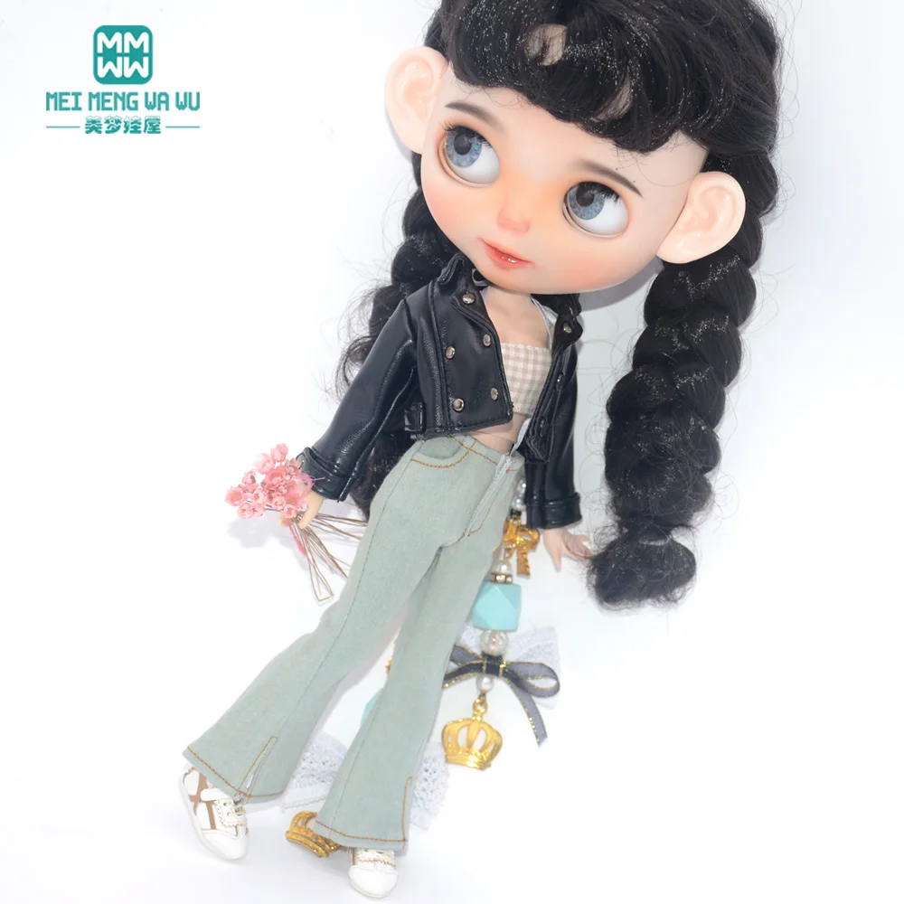 Blyth Puppe Kleidung 28-30cm Azon OB24 Zubehör Mädchen Geschenk Spielzeug Mode Leder Jacke Jeans Ausgestelltes Hosen Rohr top – Detail 10