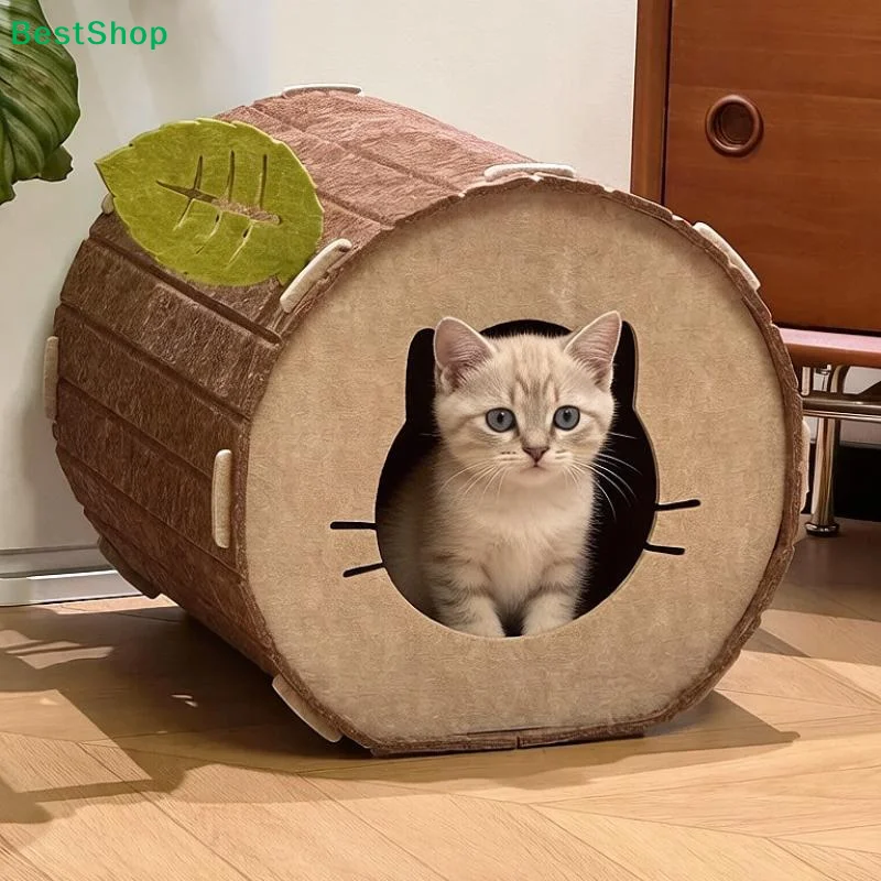 Interior Design Warm - 【Q】洗濯可能なフェルト製猫用ベッド。可愛らしい木の切り株のデザインで、柔らかく暖かい内装。室内猫や子猫に最適。