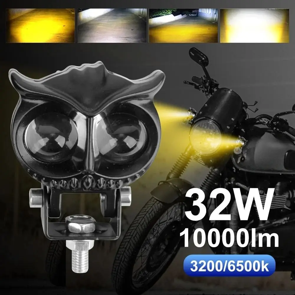 Owl Shape Motorcycle Spotlights Hi Lo Beam Projector Lens 4 Modes Headlight Dual Running Lights Color White Yellow Led Fog Lamp