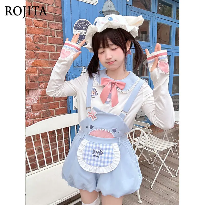 

Women's Cute Shark Overall Shorts Kawaii Plaid Apron Puff Bloomers Bud Overalls Cute Bloomers with Plaid Apron