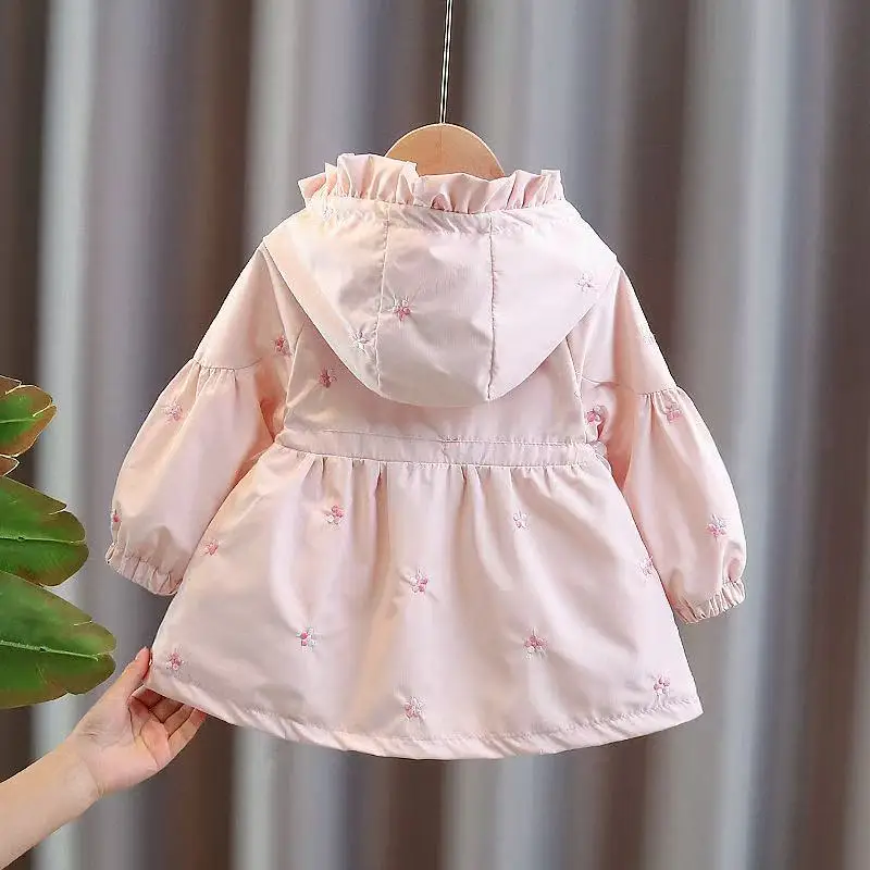 

Girls' Windbreakers Children's Spring and Autumn Jackets Baby Girls' Embroidered Flower Hooded Tops