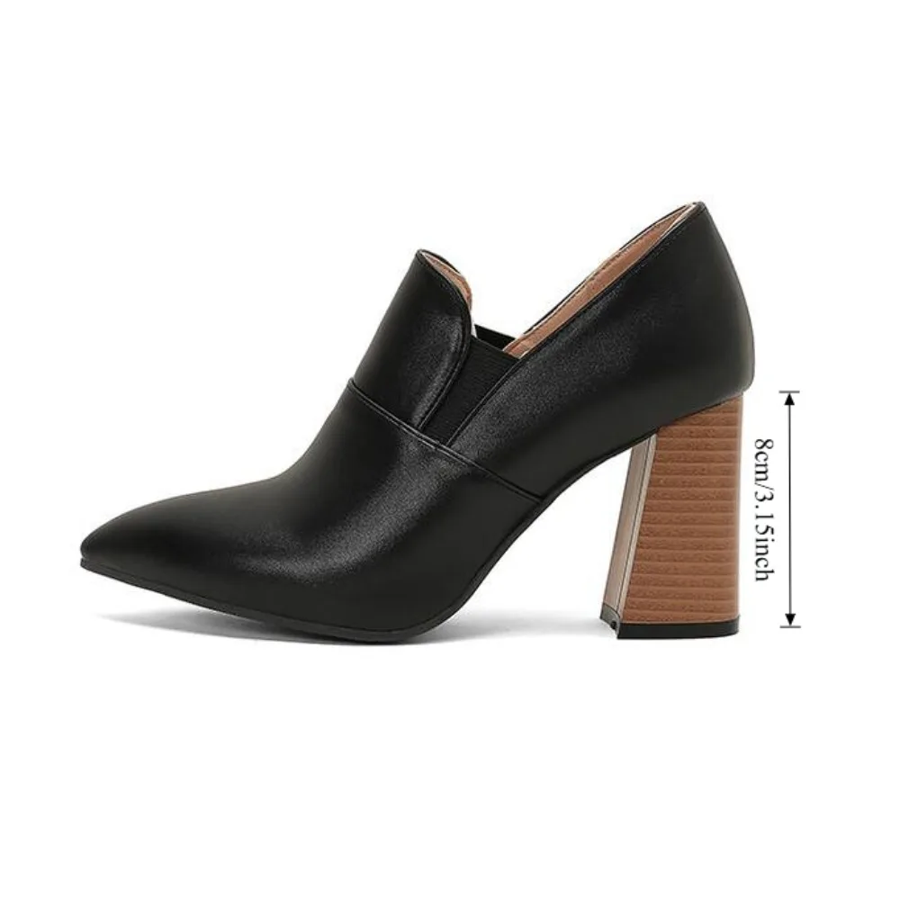 Women Pointed Toe Pumps Thick Block Heels Side Cut‑out Elastic Slip‑on High Heel Dress Shoes Big Size 32‑50 2411