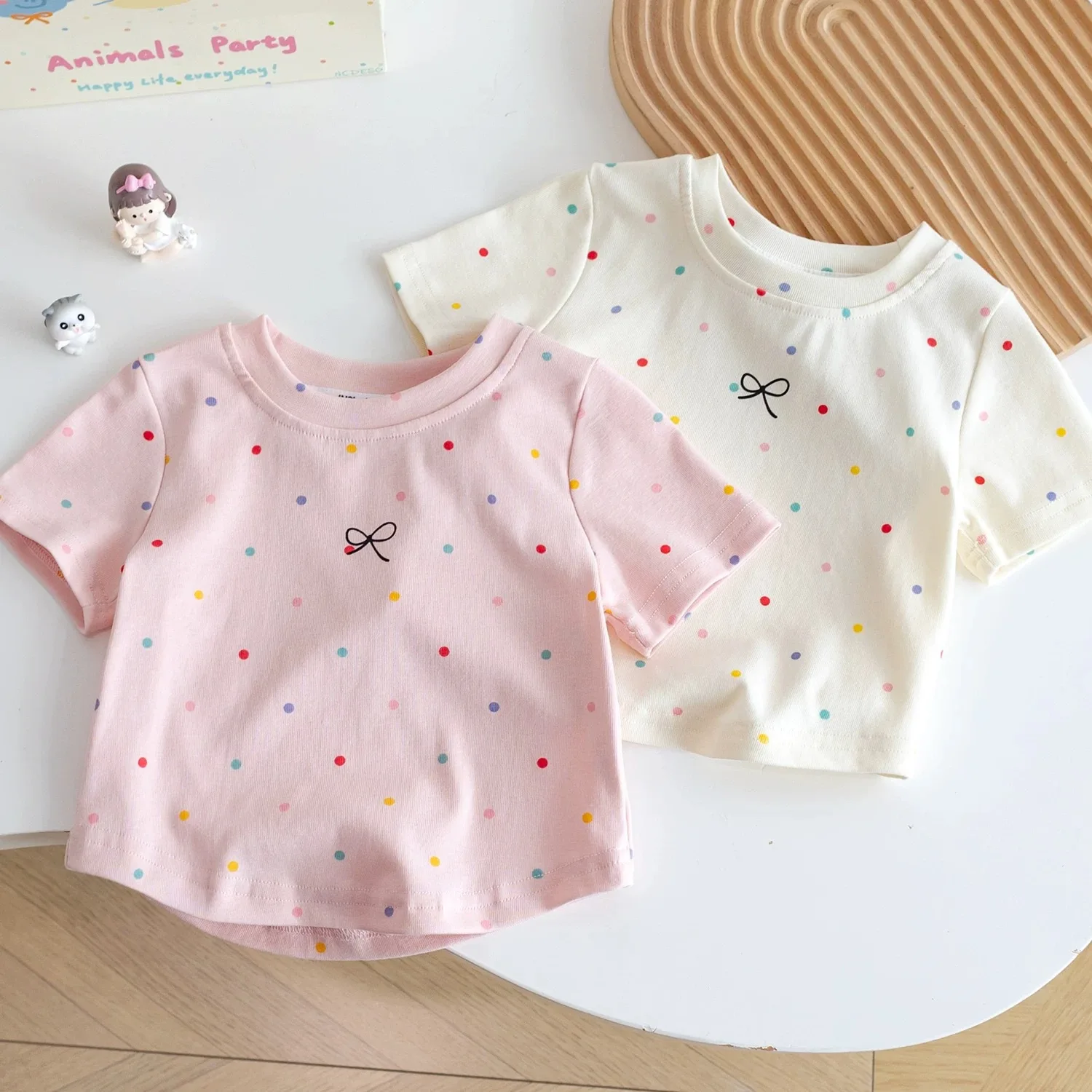 Cotton Girls' Short Sleeved T-shirt New Children's Top Polka Dot Baby Summer Outfit Simple and Versatile Top