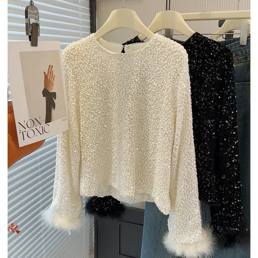 

Весна 2024, новый женский топ Senior Sense of Velvet с блестками, модная маленькая ароматная ветровая одежда