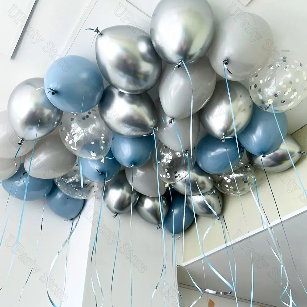 40/80Pcs Twilight Blue Balloons 10Inch Metal Silver Confetti Gray Dusty Blue Air Balloons for Baby Shower Wedding Birthday Decor