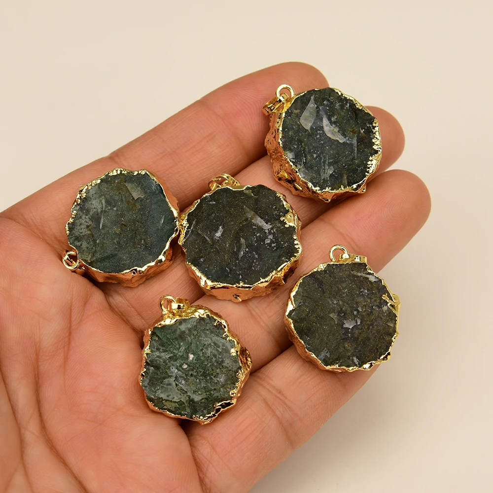 APDGG Wholesale 5 Pcs Natural Green Moss Agate Rough Raw Gems Material Gold Plated Pendant Charm Jewelry Making DIY