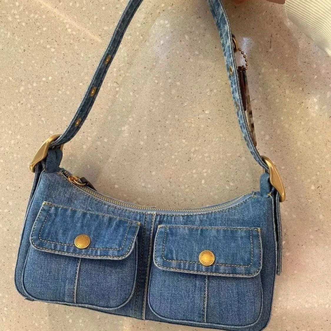 

Retro Denim Single oulder Underarm Bag Faion Commute French Bread Bag Sli Vintage Youth Polyester Inner Handbag