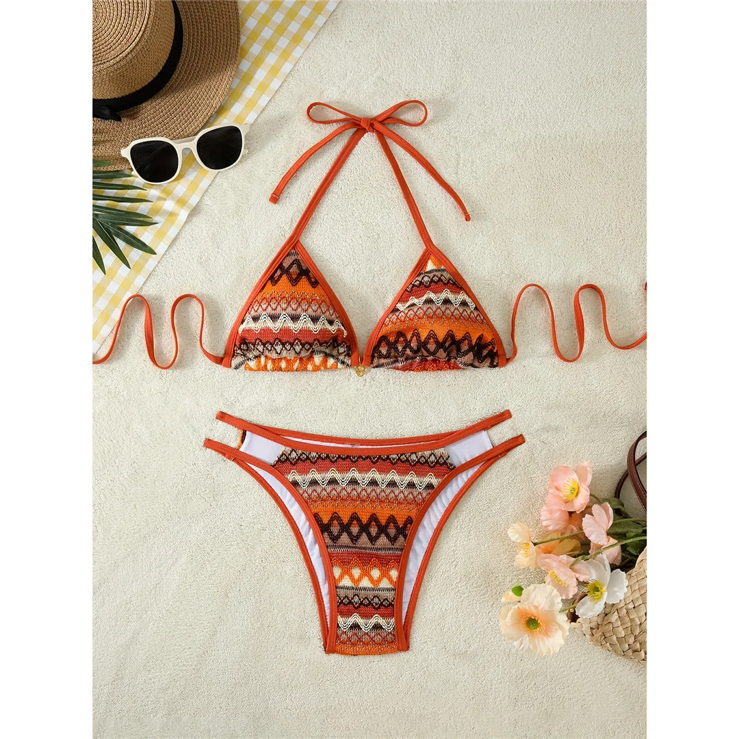 S - XL Bedruckter Neckholder-Bikini mit hohem Beinausschnitt, zweiteiliger Bikini-Set für Damen, Badeanzug, Badebekleidung, Badeanzug, Schwimmanzug V7307 – Detail 6