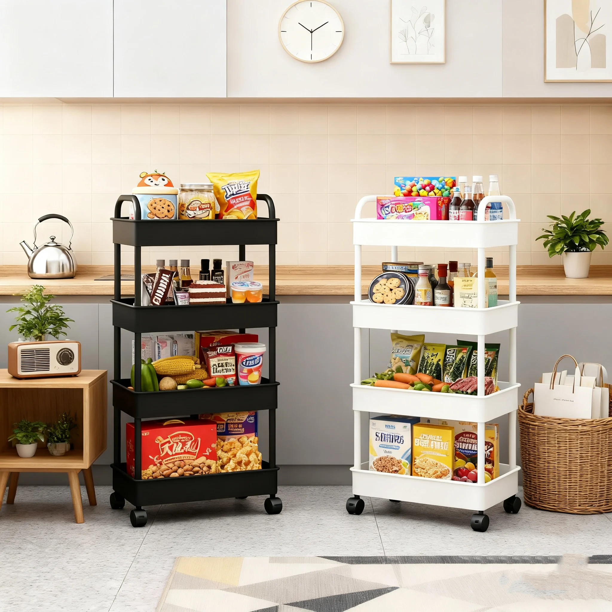 Multifunctional White Rolling Storage Cart:Open Shelves for Living Spaces Book Display,Ideal for Kitchen,Bedroom Storage Decor