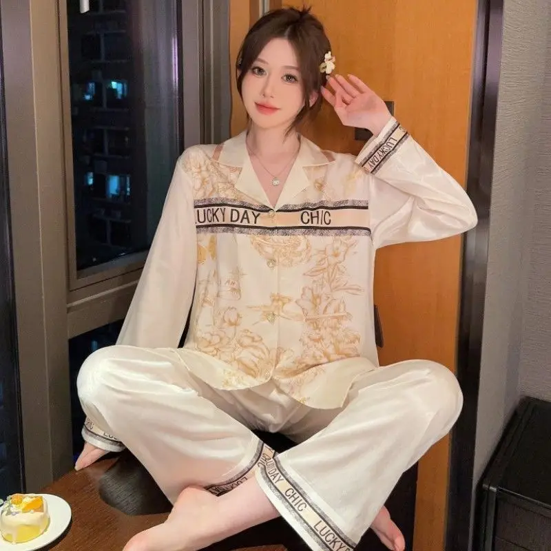 Ice Silk Pajamas Women Spring Autumn Long Sleeves Pants 2024 Newex Travagant Advanced Sense Letter Jinzhiyuye Hanging Home Suit