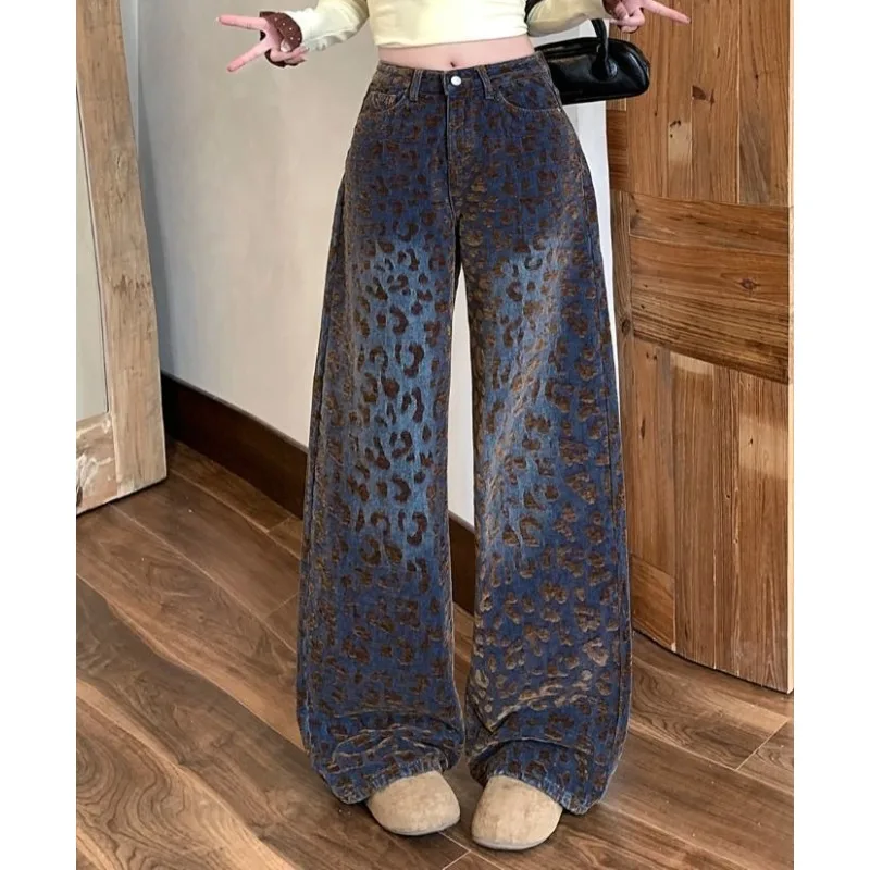 

Американские ретро джинсовые камуфляжные широкие джинсы женские 2025 синельные прямые брюки контрастного цвета брюки для мытья полов