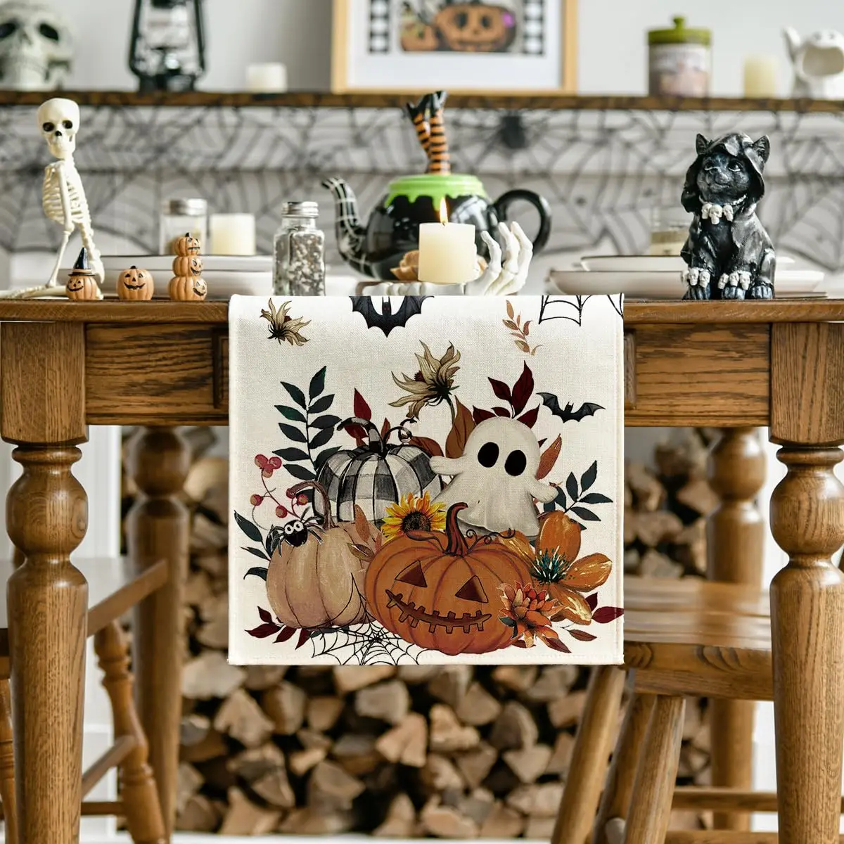 Mode Pumpkin Ghost Leaves Spider Web Halloween Table Runner, Spooky Kitchen Dining Table Decoration for Home Party Decor