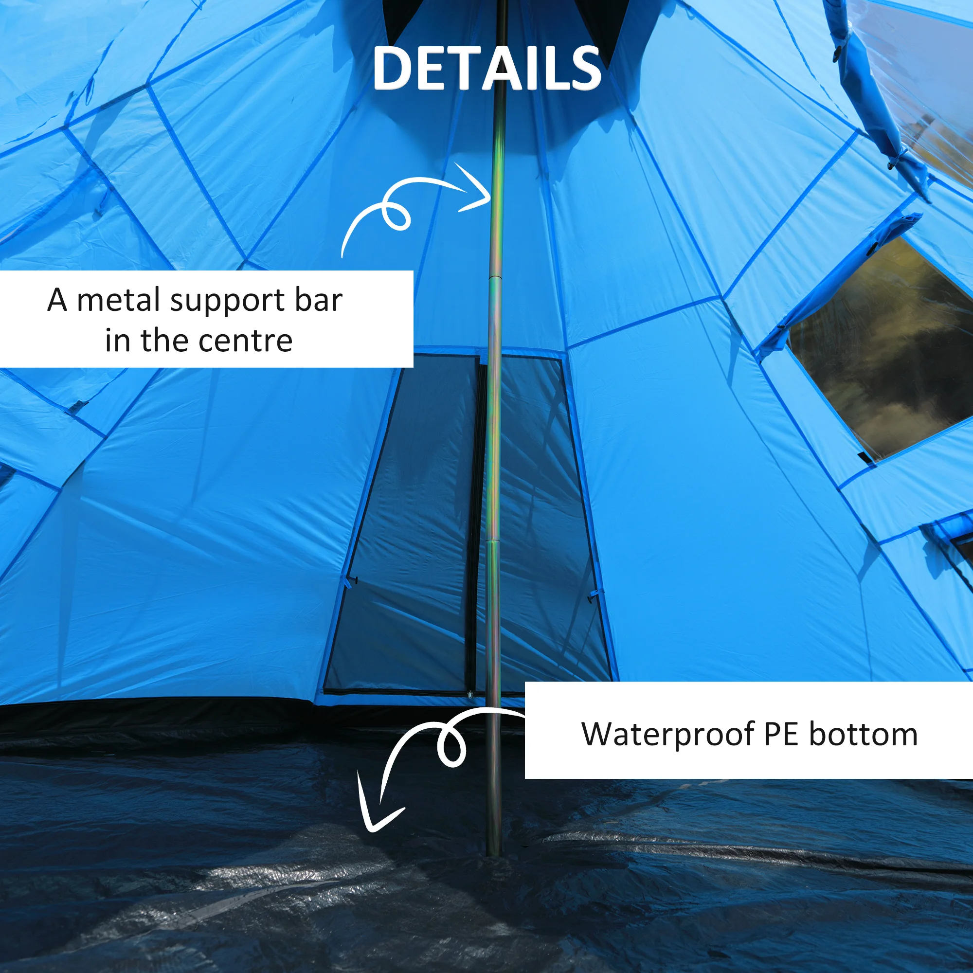 Outsunny 6 Men Tipi Tent, Camping Tent, Teepee Family Tent with Mesh Windows, Sewn-in Tent Floor, Two Doors and Carry Bag
