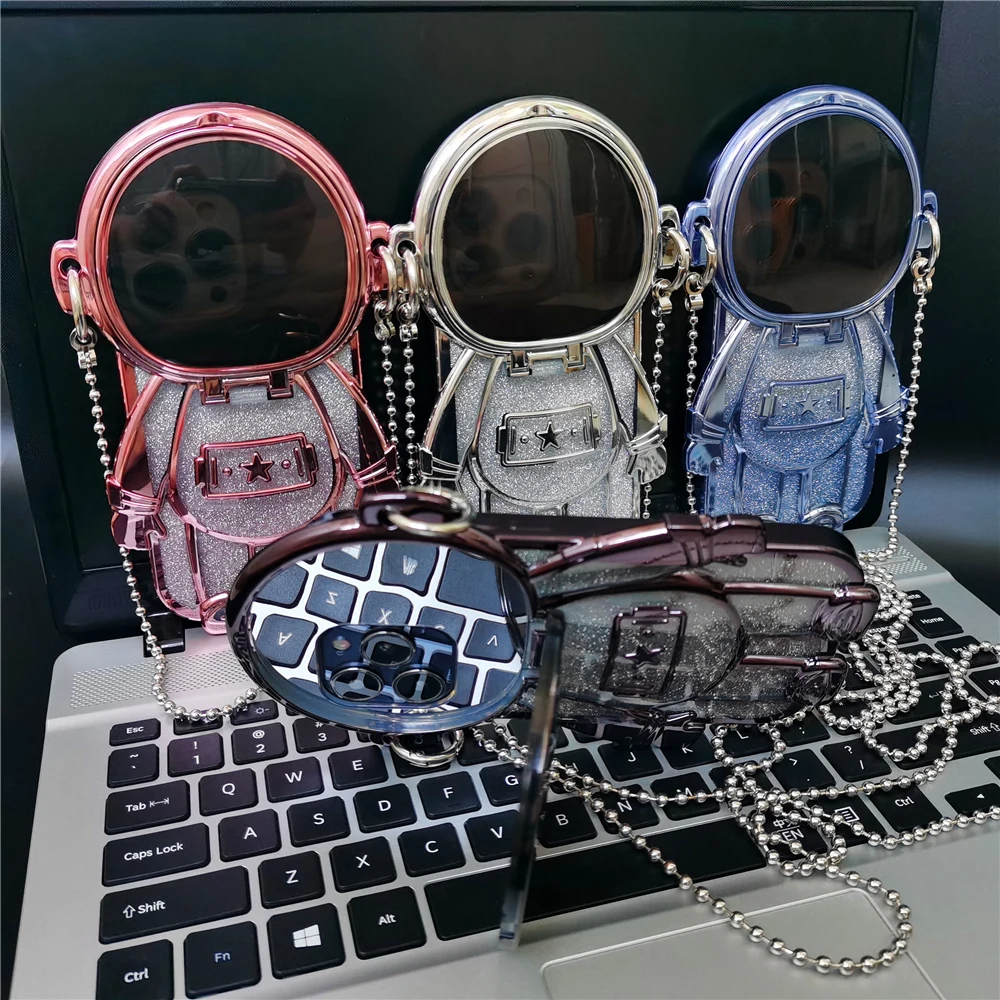 

Luxury Glitter Plating Cartoon 3D Astronaut Case For iPhone 15 PRO Max 14 Pro 13 PRO 12 11 Mirror Crossbody Lanyard Clear Cover