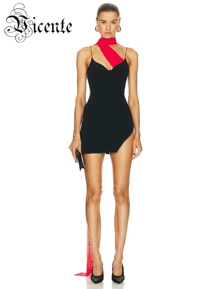 

VC Fashion Party Dresses For Women Sexy Spaghetti Strap Sleeveless Black Split Mini Dress With Ribbon