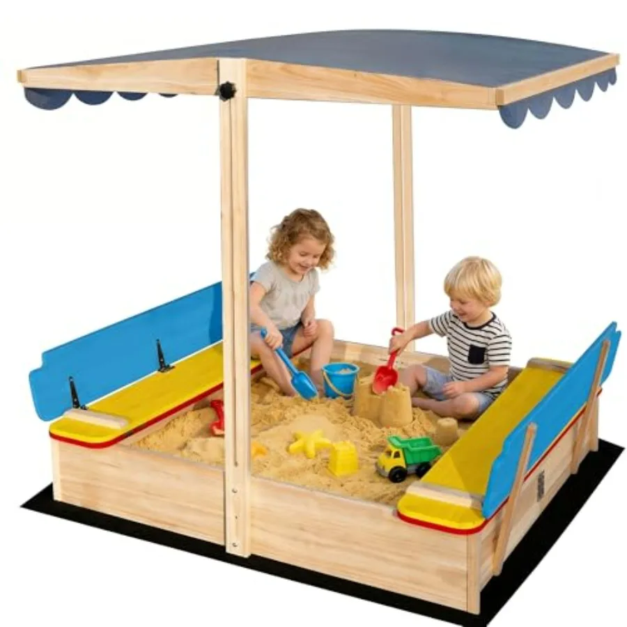 

Wooden Sandbox with Cover Lid Adjustable Canopy Foldable Bench Seat Bottom Liner Large Sand Pit Aged 3-12 Outdoor 48x48 Inch Sa