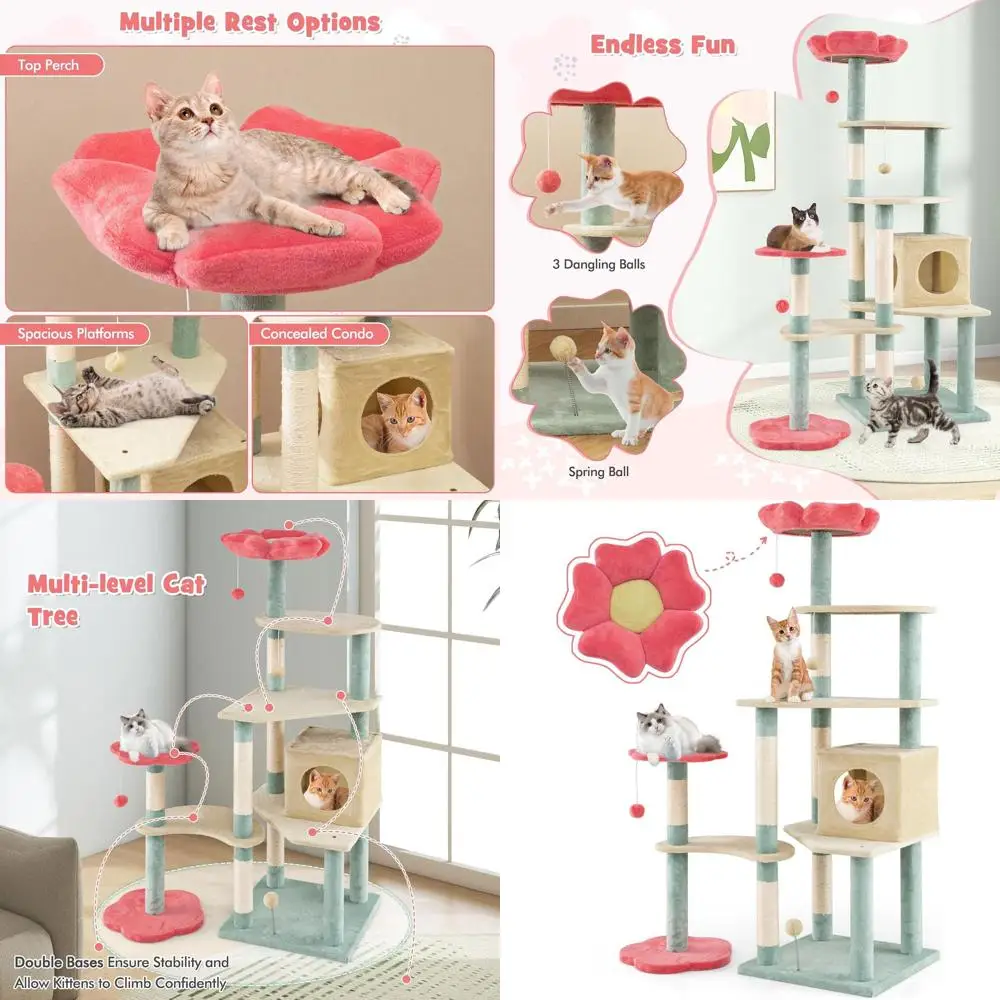 

61 Multi-Level Modern Flower-Themed Cat Tree with Sisal Posts, Soft Perch, Condo, Balls