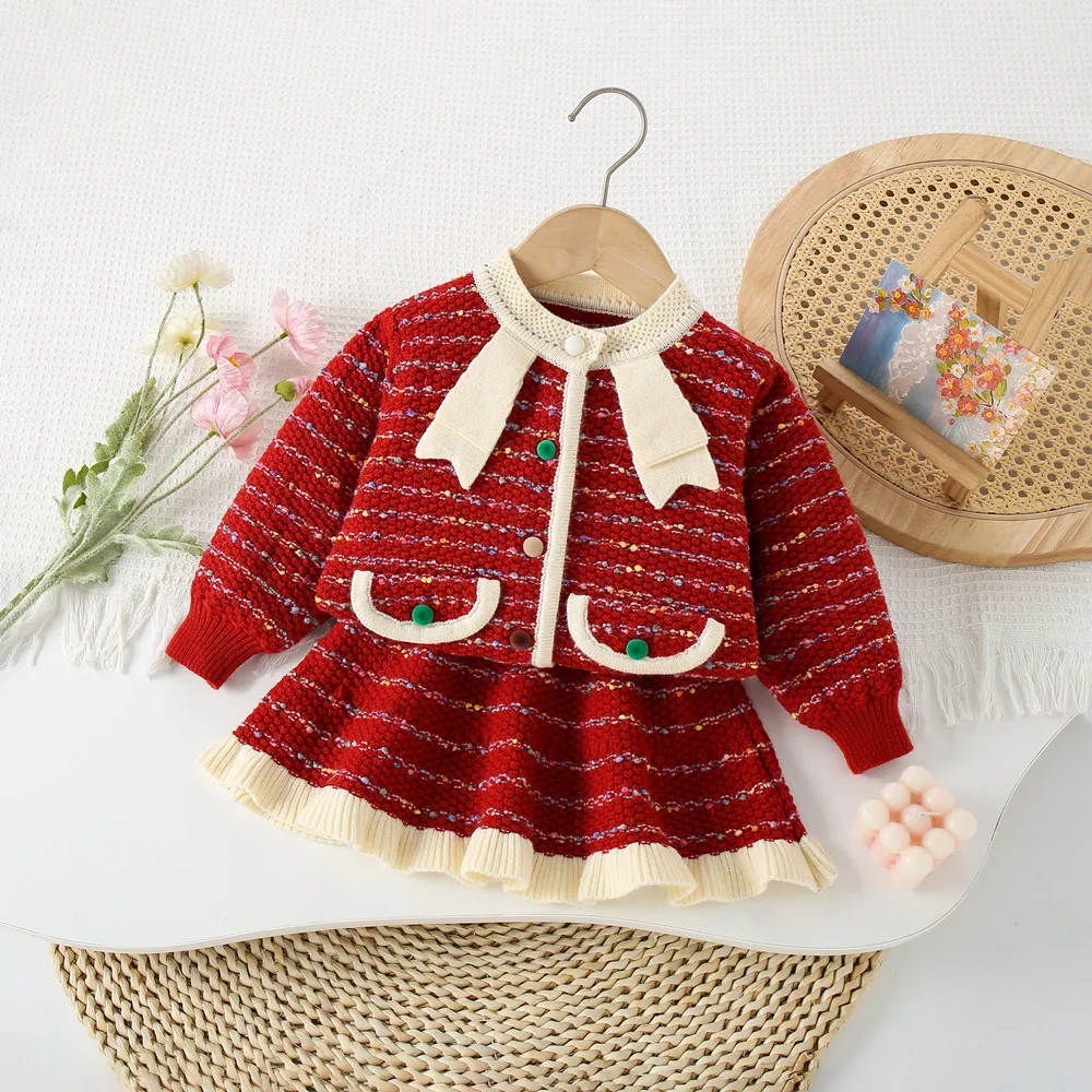 

Комплект свитера для девочек, весна-осень-зима, новый стиль, корейский детский вязаный кардиган с цветными блоками, комплект из двух предметов допамина