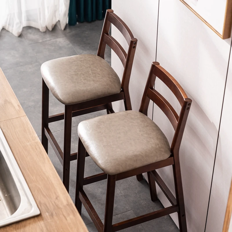 Kursi Bar Tinggi Modern Nordik dari Kayu Solid dengan Sandaran untuk Kedai Teh Susu, Kursi Resepsionis, Furnitur Dapur Minimalis