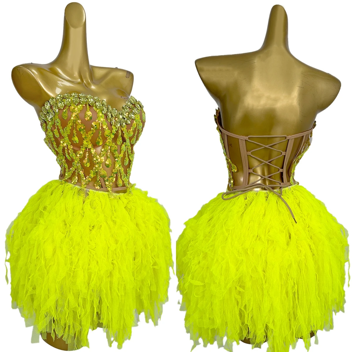 

Fluorescent Green Sequin Crop Top And Skirt Set with Strap Bandage Outfit Party Bar Concert Performance Singer Clothing Qingtai