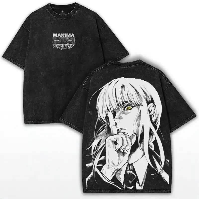 Camiseta con estampado de Anime Chainsaw Man Makima para hombre y mujer, camisetas de algodón lavado, camiseta Vintage de Manga, camiseta Harajuku de manga corta para hombre