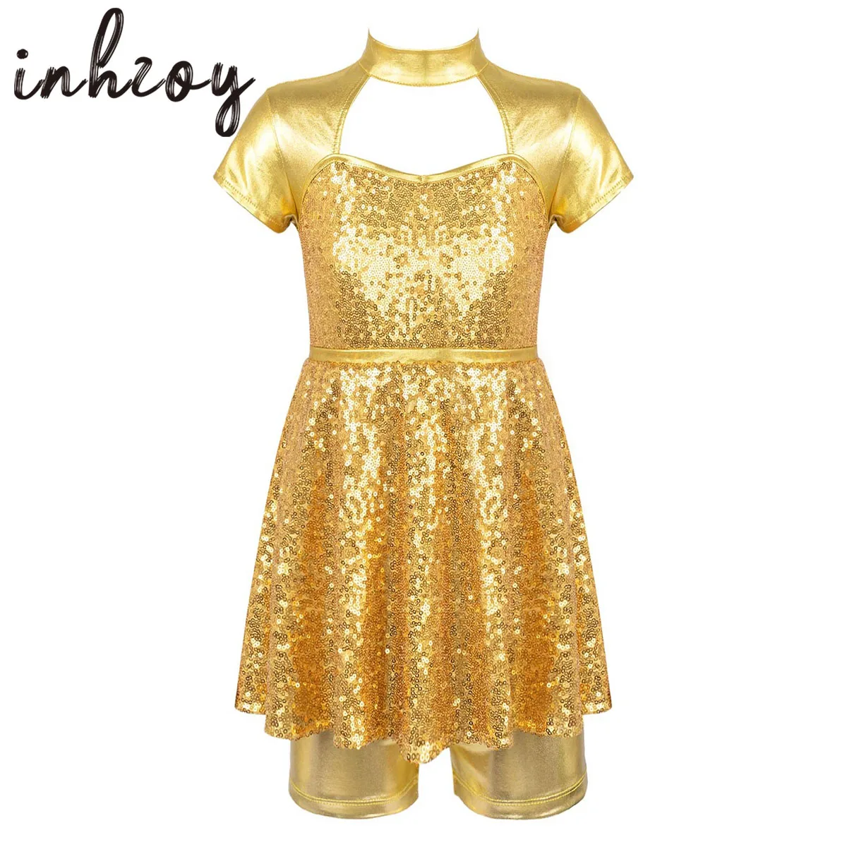 

Kids Girls Shiny Sequins Ballet Dance Shorty Unitard Dress Cutout Dance Clothes Set Gymnastics Modern Jazz Dancing Costumes