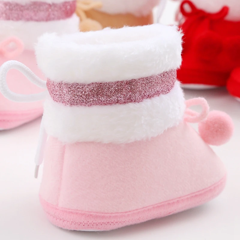 Bottes en peluche épaisses mignonnes pour bébés filles et garçons, chaussures plates roses, nœud antidérapant, semelle souple, premiers marcheurs, hiver, chaud, CPull