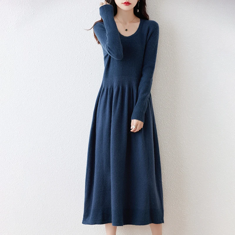 

100% Merino Wool Spring Autumn O-neck Sweater Dresses for Women Long Sleeve Purllovers Wool Knitwear Grace A-Line Dresses