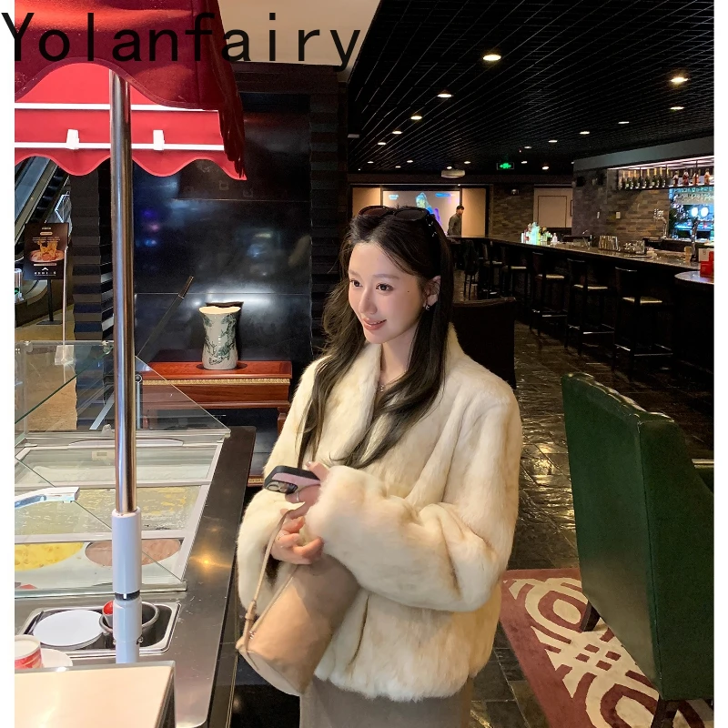 YOLANFAIRY 女性の本物のウサギの毛皮のコート高級ハイエンド V ネック長袖ファッションレディース天然ウサギの毛皮のジャケット 2025