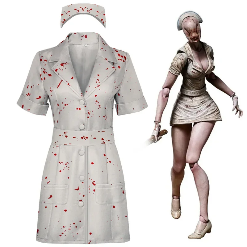 Film Silent Hill Cosplay Infermiera Cintura e cappello bianco macchiato di sangue Costume di Halloween Uniforme Fantasia Abito di Halloween per donna