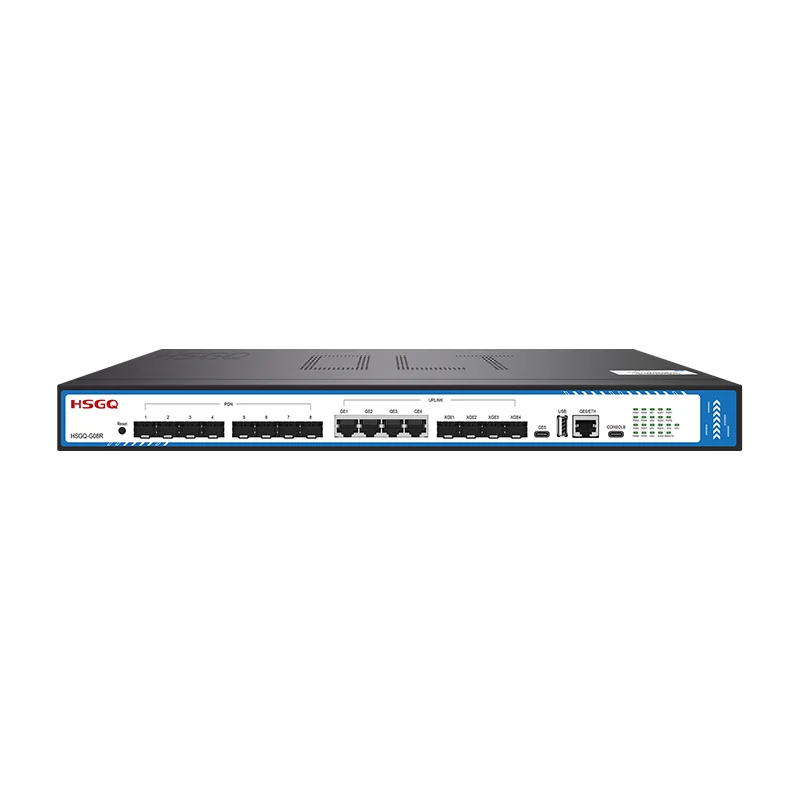 GPON OLT HSGQ-G08R 8 منافذ محطة الخط البصري مع وحدة 10GE C ++ SFP معدات الشبكة الضوئية من الألياف ONU